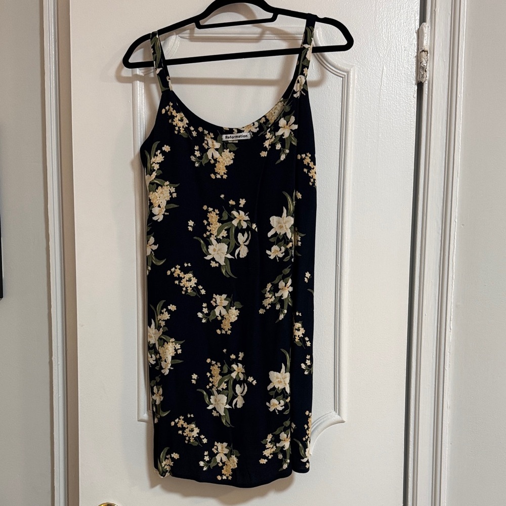 Reformation Navy Floral Dress with Cream and Olive Green Print